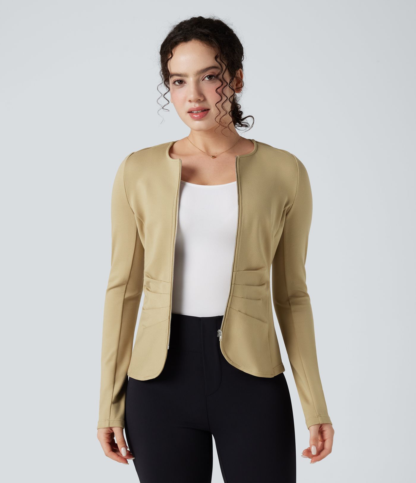 Round Neck Long Sleeve Ruched Zip Fly Work Blazer