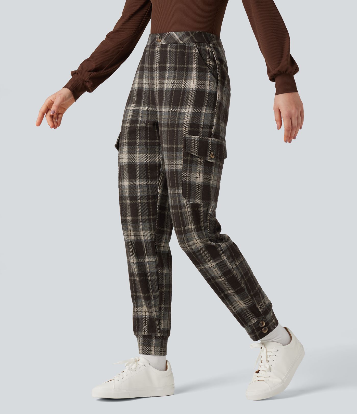Mid Rise Plaid Work Cargo Joggers with Pockets