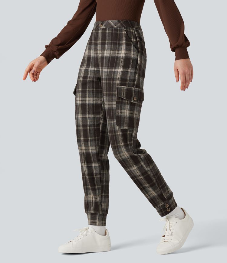 Mid Rise Plaid Work Cargo Joggers with Pockets