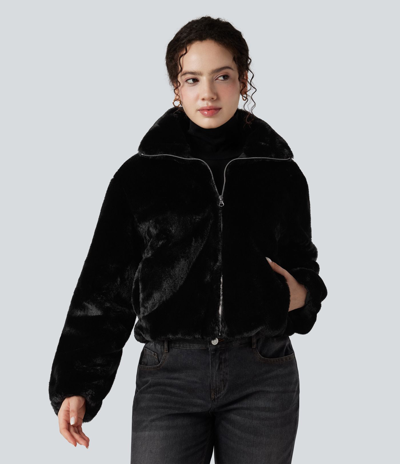 Stand Collar Long Sleeve Zip Fly Casual Sherpa Jacket