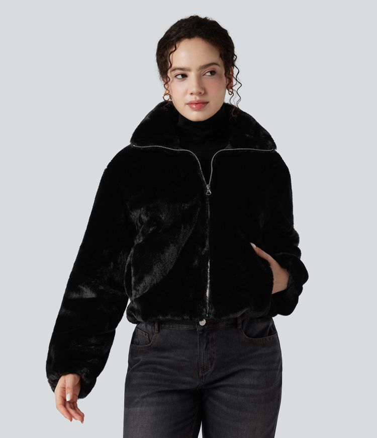 Stand Collar Long Sleeve Zip Fly Casual Sherpa Jacket