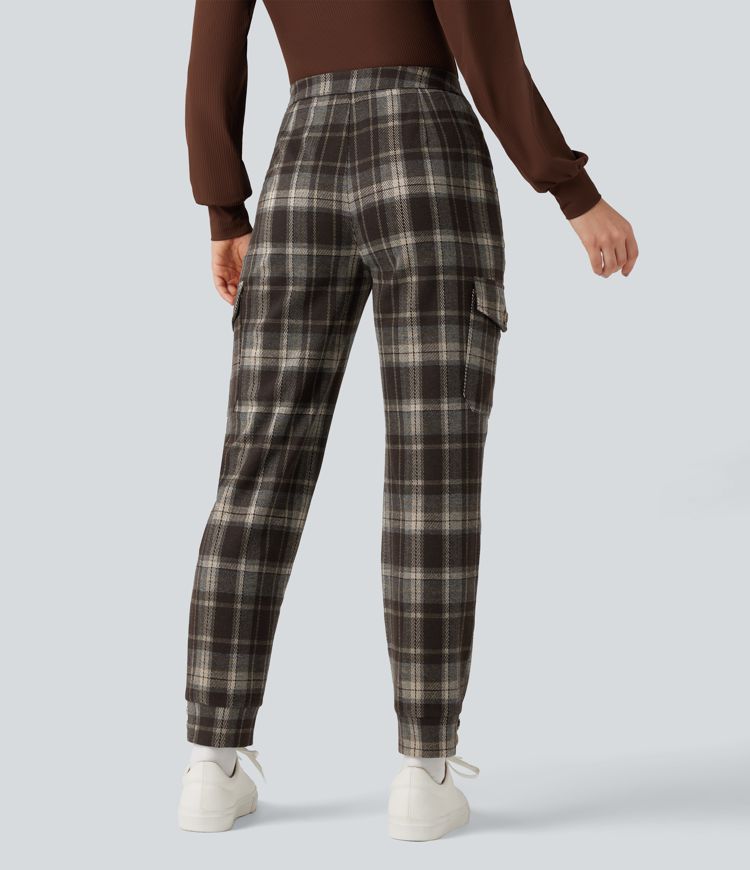Mid Rise Plaid Work Cargo Joggers with Pockets
