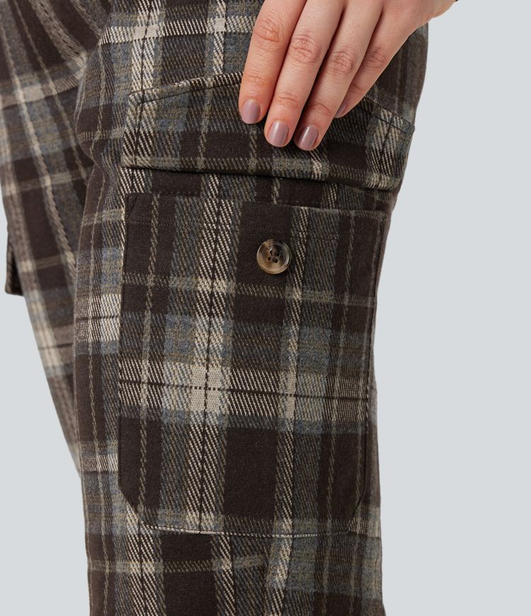 Mid Rise Plaid Work Cargo Joggers with Pockets