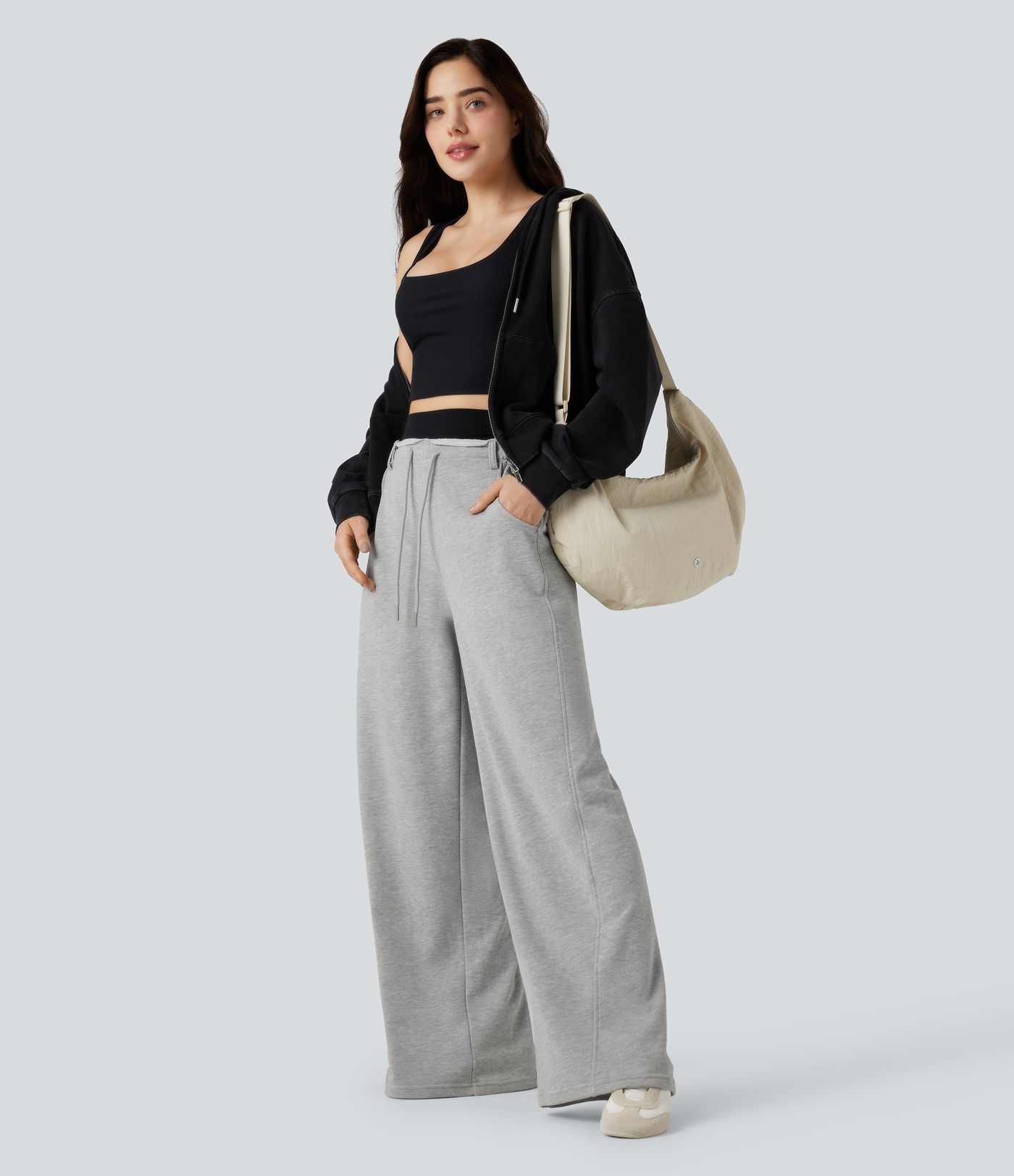 Pantalon jogging large taille mi-haute finition brute avec cordon de serrage et poches