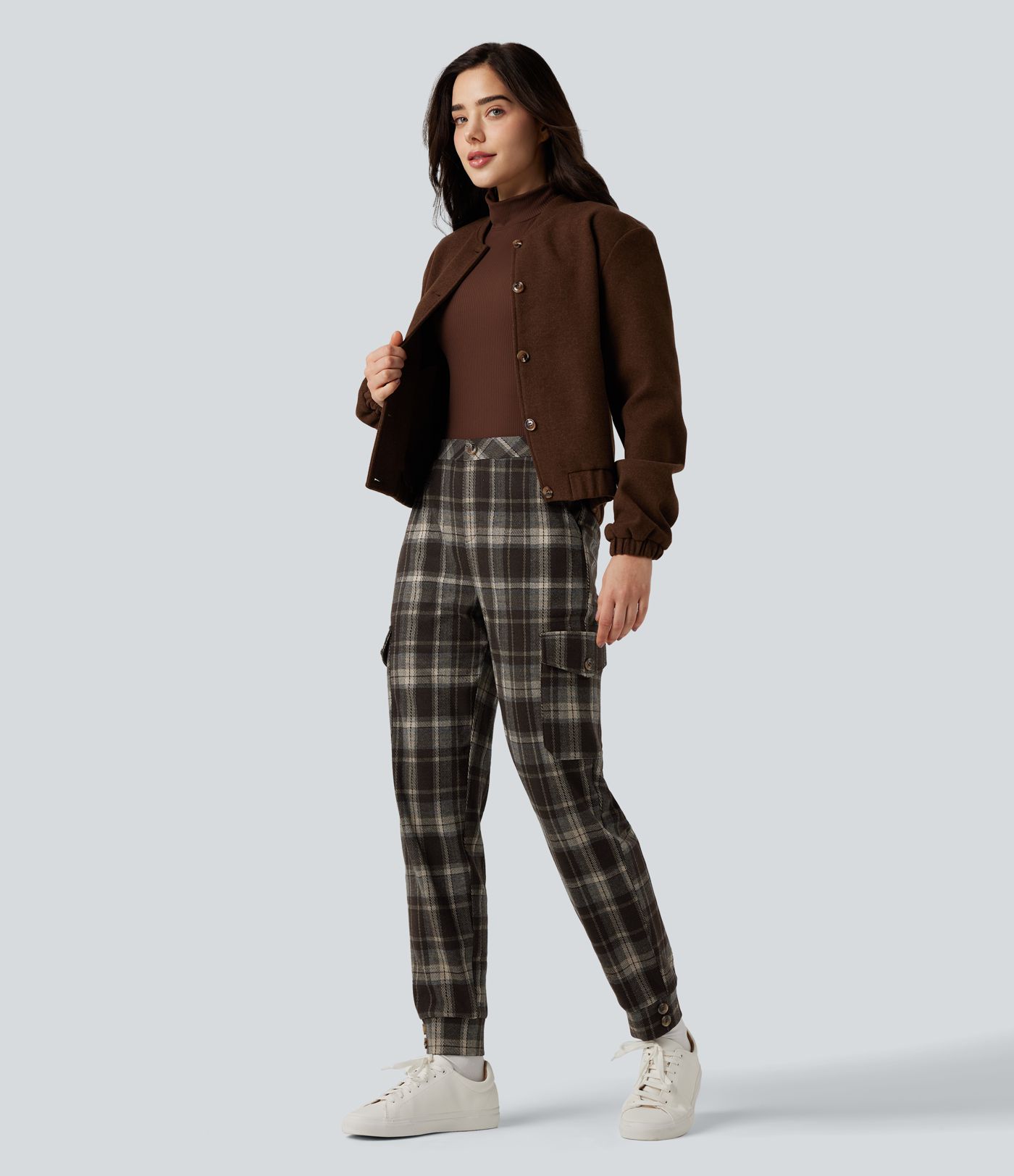 Mid Rise Plaid Work Cargo Joggers with Pockets