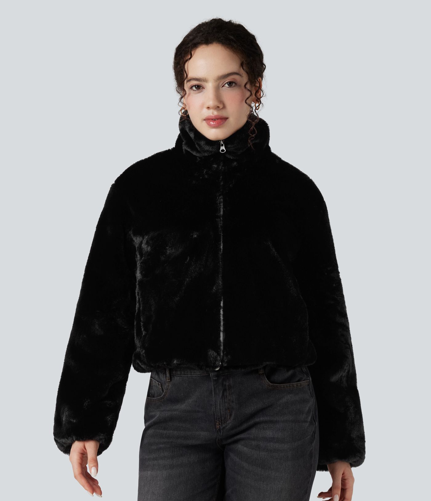 Stand Collar Long Sleeve Zip Fly Casual Sherpa Jacket