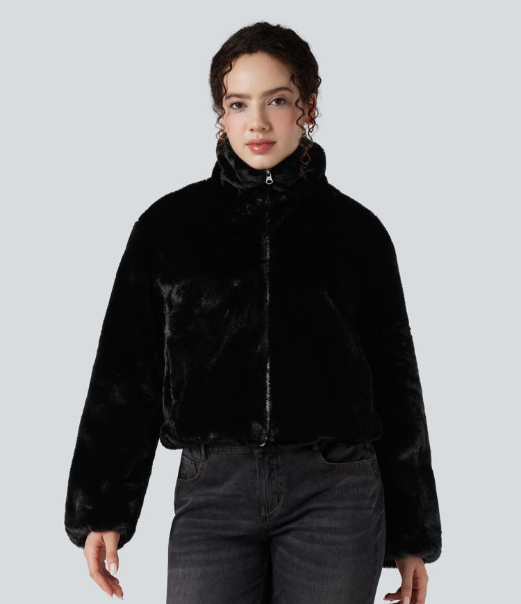 Stand Collar Long Sleeve Zip Fly Casual Sherpa Jacket