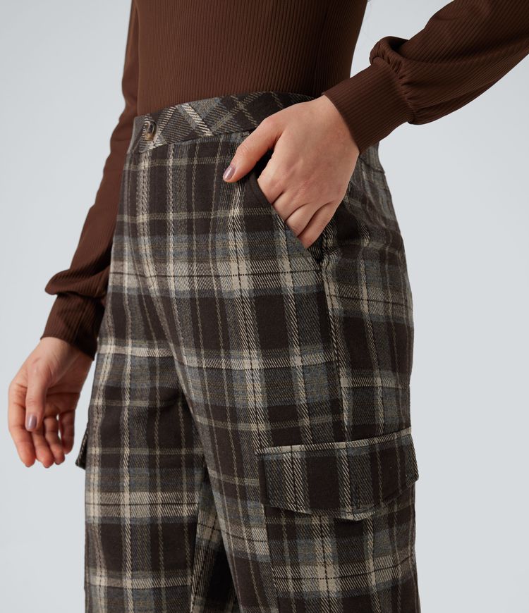 Mid Rise Plaid Work Cargo Joggers with Pockets