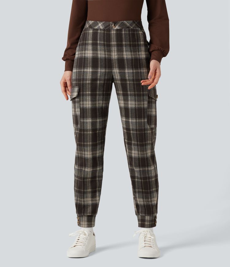 Mid Rise Plaid Work Cargo Joggers with Pockets