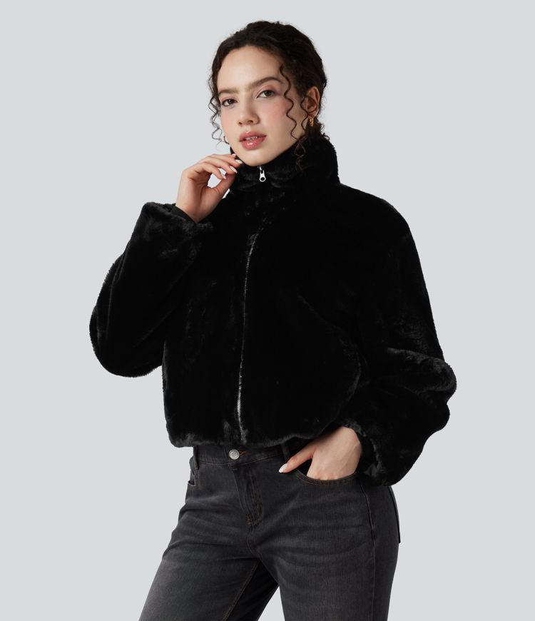 Stand Collar Long Sleeve Zip Fly Casual Sherpa Jacket