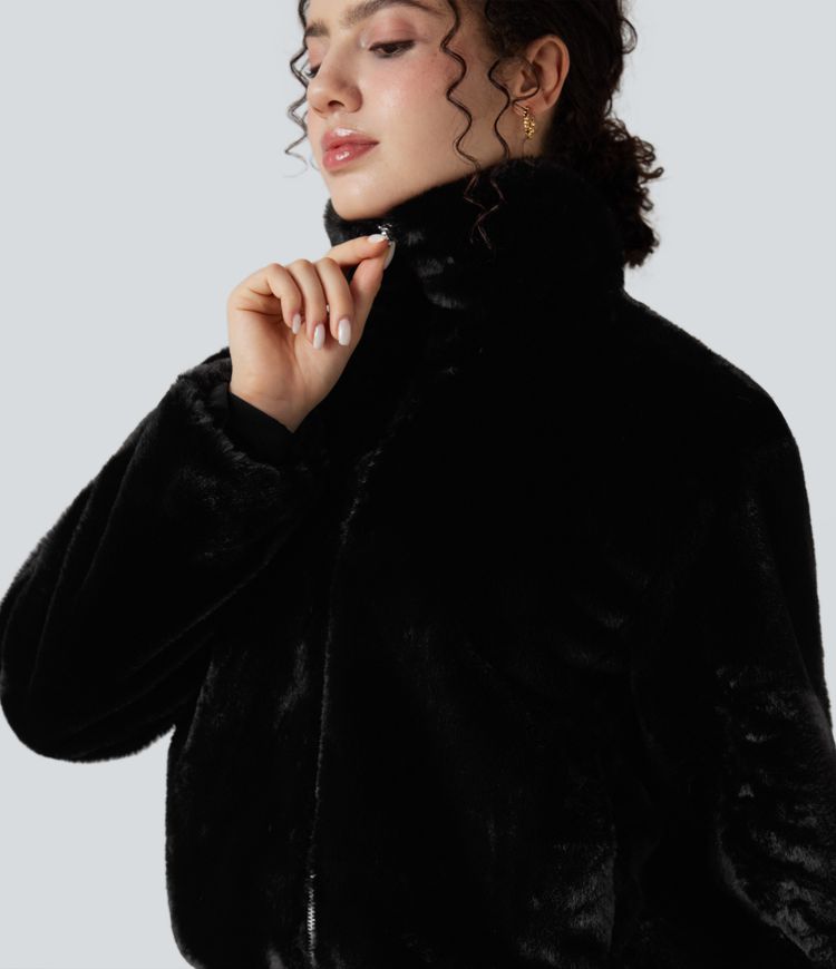 Stand Collar Long Sleeve Zip Fly Casual Sherpa Jacket