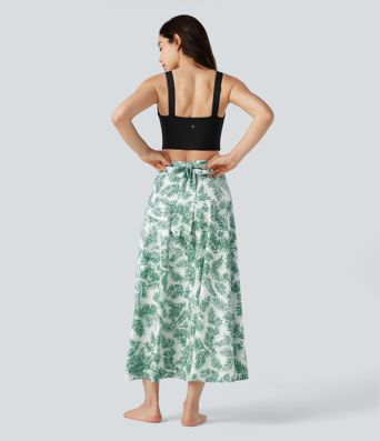 High Waisted Wrapped Tie Back Floral Printed Midi Resort Skirt