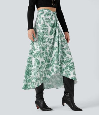 High Waisted Wrapped Tie Back Floral Printed Midi Resort Skirt