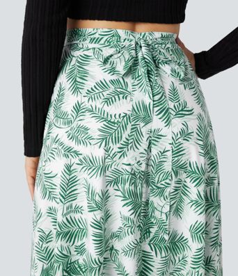 High Waisted Wrapped Tie Back Floral Printed Midi Resort Skirt