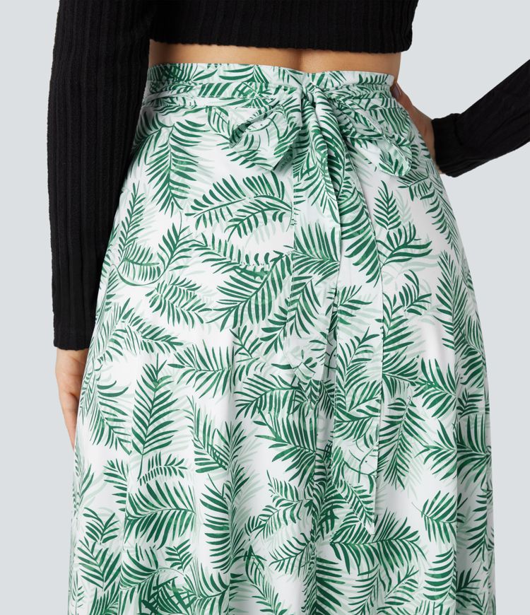 High Waisted Wrapped Tie Back Floral Printed Midi Resort Skirt