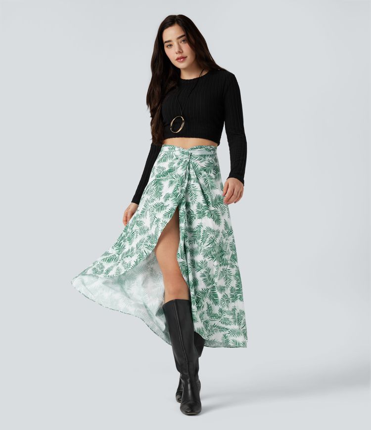 High Waisted Wrapped Tie Back Floral Printed Midi Resort Skirt