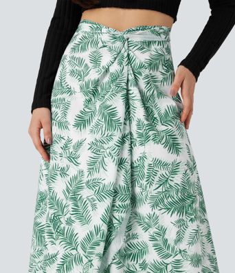 High Waisted Wrapped Tie Back Floral Printed Midi Resort Skirt