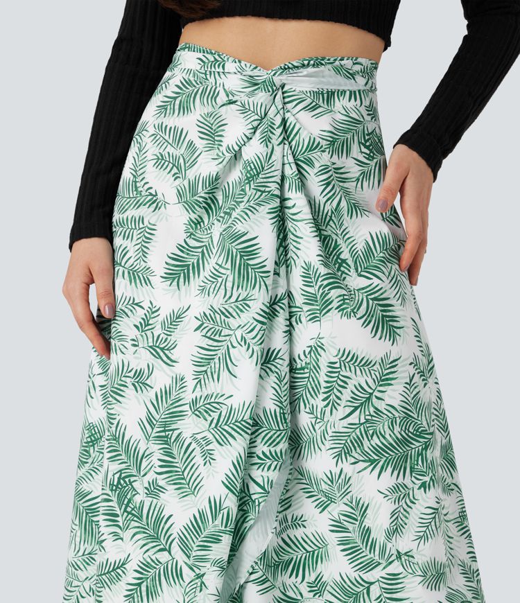 High Waisted Wrapped Tie Back Floral Printed Midi Resort Skirt