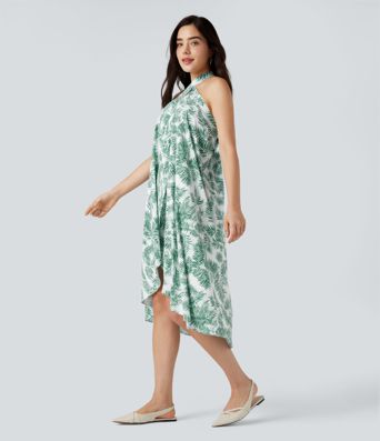 High Waisted Wrapped Tie Back Floral Printed Midi Resort Skirt