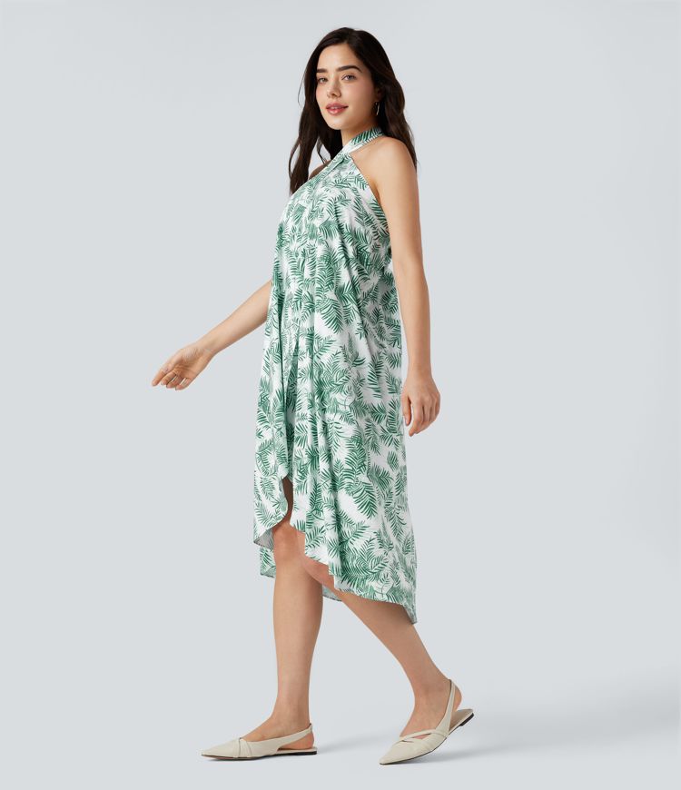 High Waisted Wrapped Tie Back Floral Printed Midi Resort Skirt