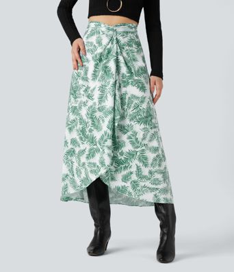 High Waisted Wrapped Tie Back Floral Printed Midi Resort Skirt