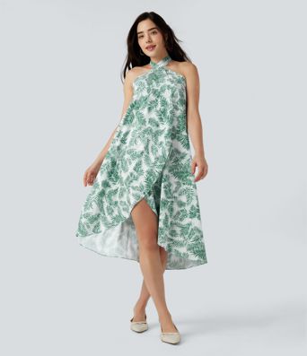 High Waisted Wrapped Tie Back Floral Printed Midi Resort Skirt