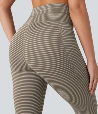 Gestreifte Yoga-Leggings mit hohem Bund, Seitentaschen und Kordelzug