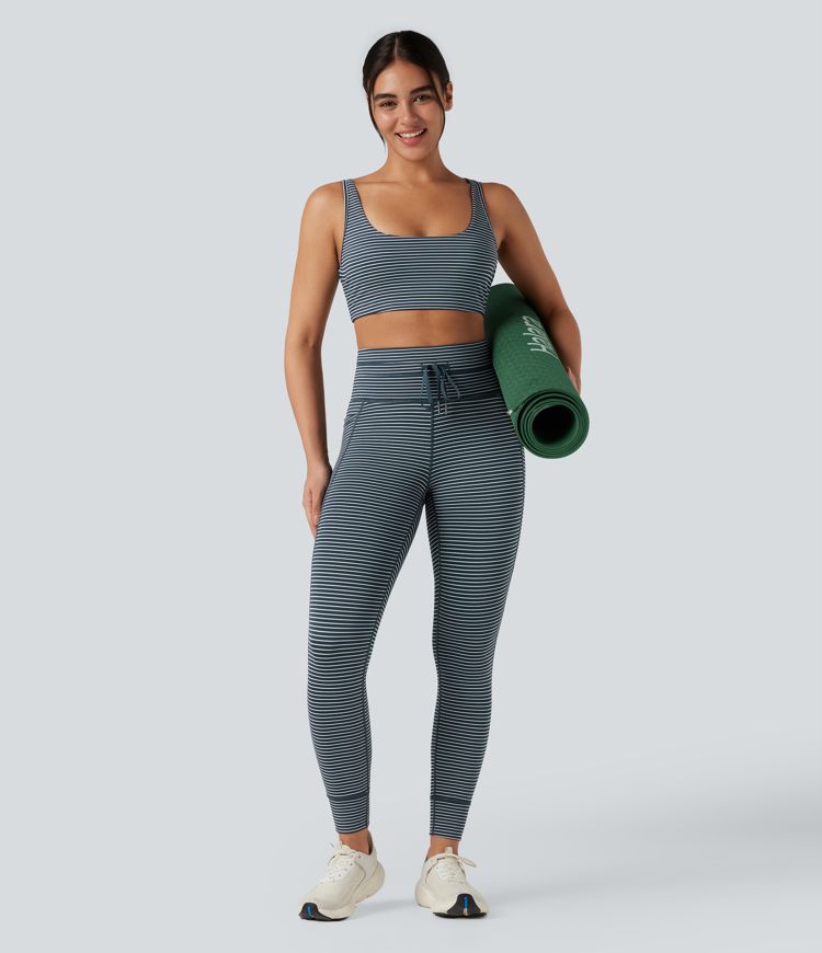 High Waisted Drawstring Striped Yoga Leggings with Pockets