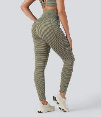 High Waisted Drawstring Striped Yoga Leggings with Pockets