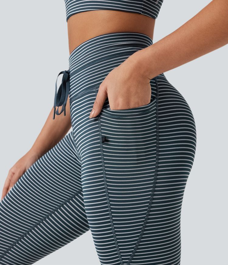 High Waisted Drawstring Striped Yoga Leggings with Pockets