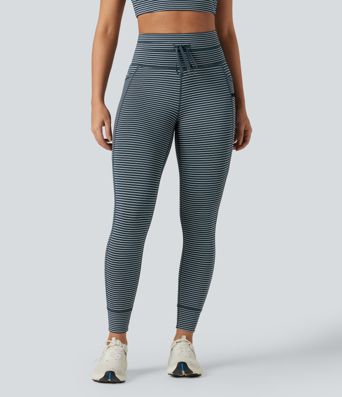 High Waisted Drawstring Striped Yoga Leggings with Pockets