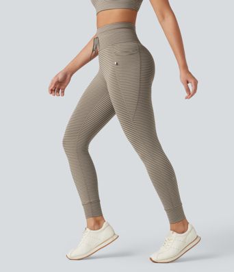 Gestreifte Yoga-Leggings mit hohem Bund, Seitentaschen und Kordelzug