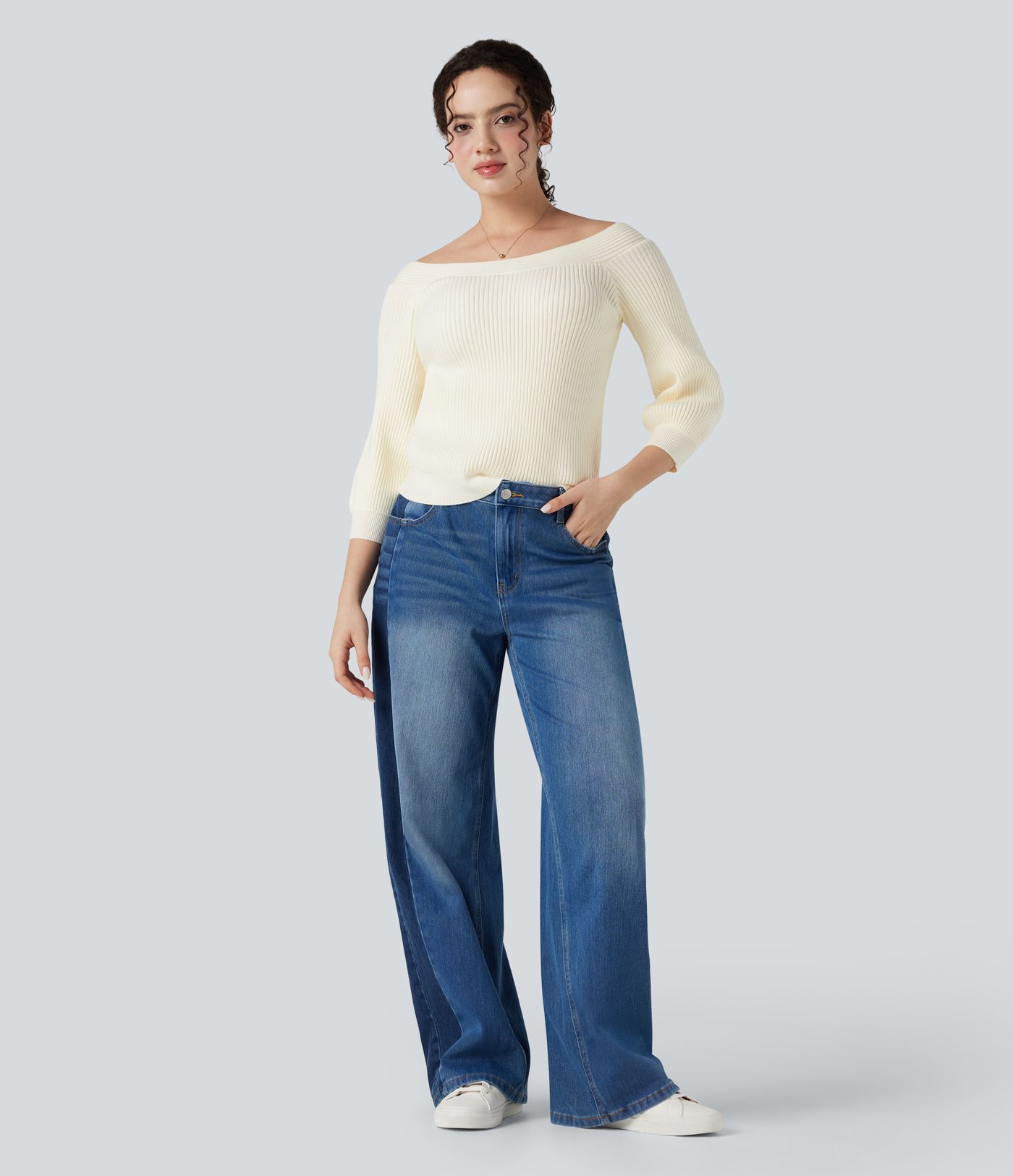 Off Shoulder Puff Sleeve Casual Sweater