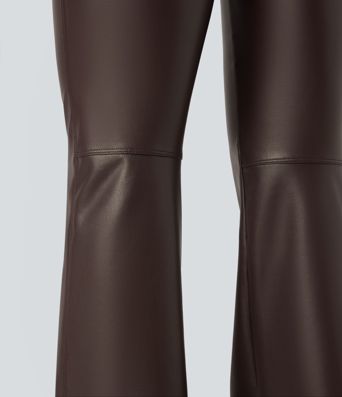 Asymmetric High Waisted Tummy Control Stretchy PU Fleece Casual Flare Pants with Pockets