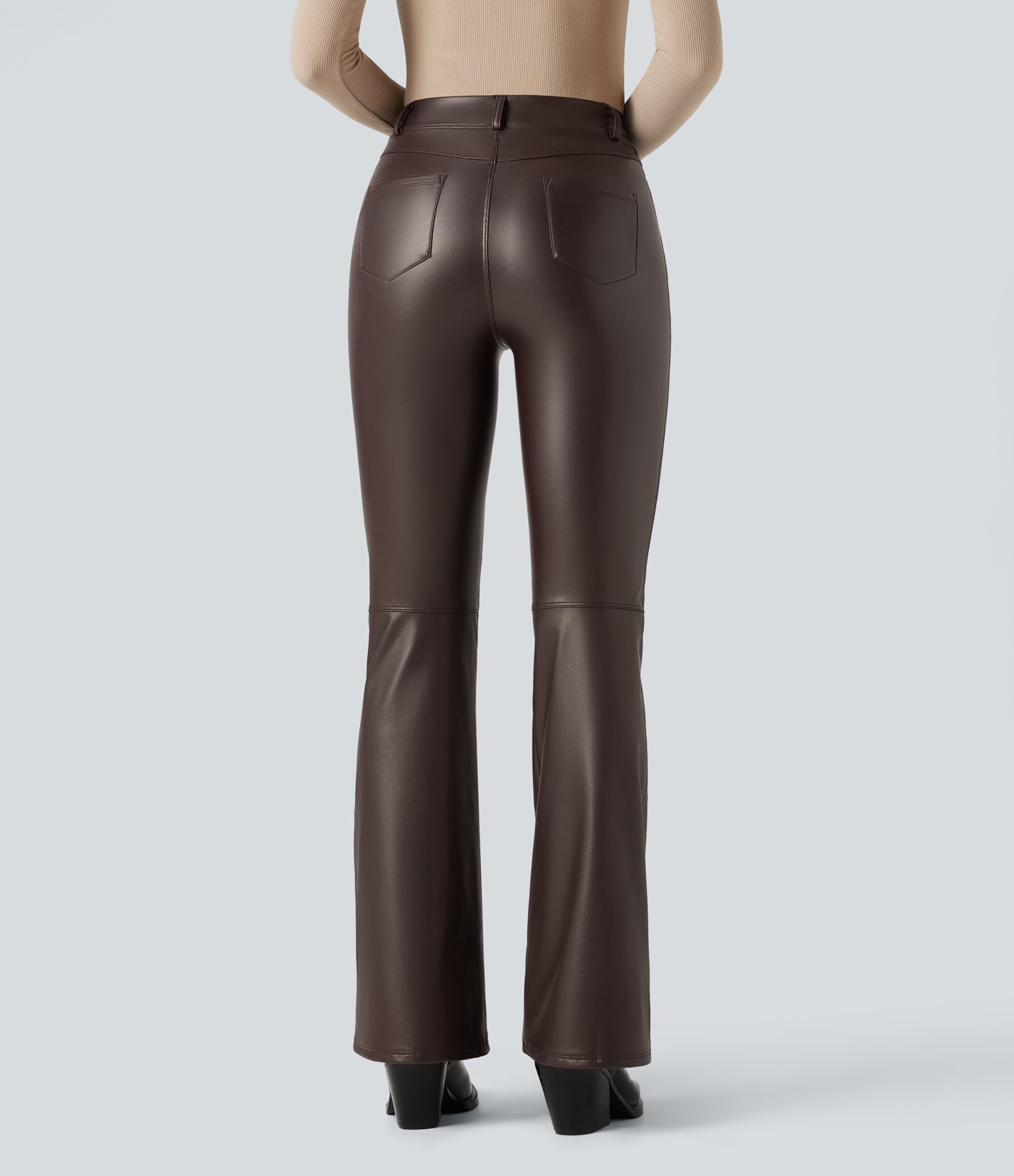 Asymmetric High Waisted Tummy Control Stretchy PU Fleece Casual Flare Pants with Pockets