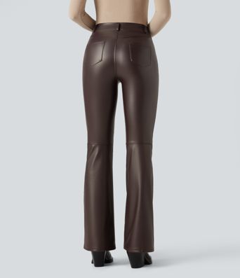 Asymmetric High Waisted Tummy Control Stretchy PU Fleece Casual Flare Pants with Pockets