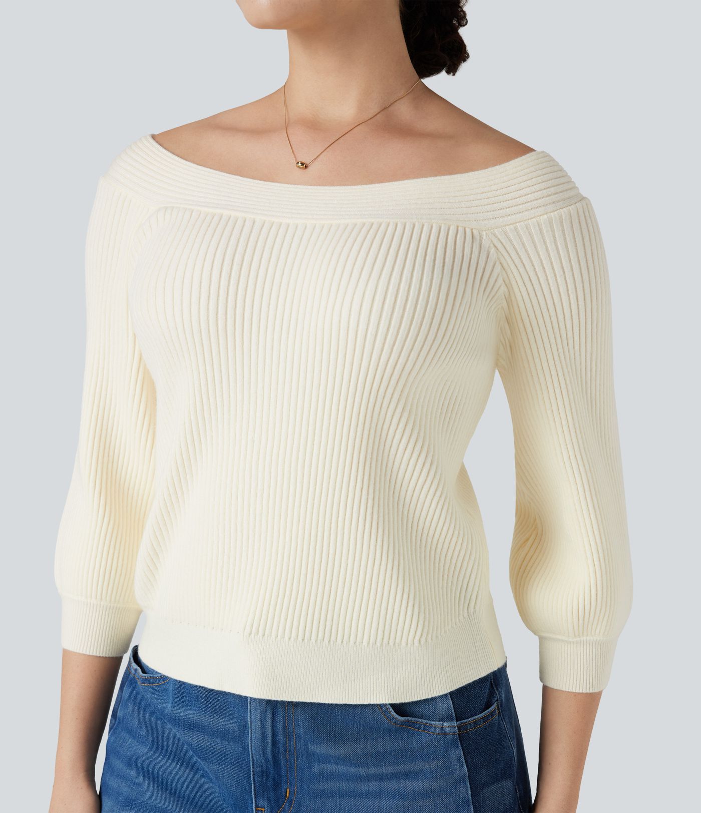 Off Shoulder Puff Sleeve Casual Sweater