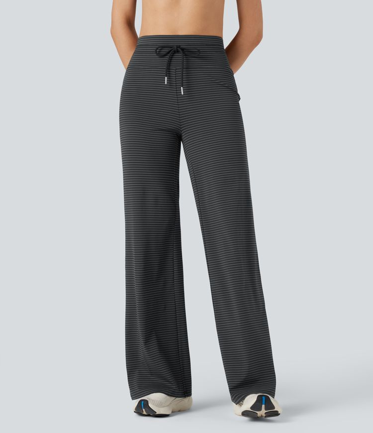 High-waisted Drawstring Stripe Yoga Straight-leg Trousers with Pockets