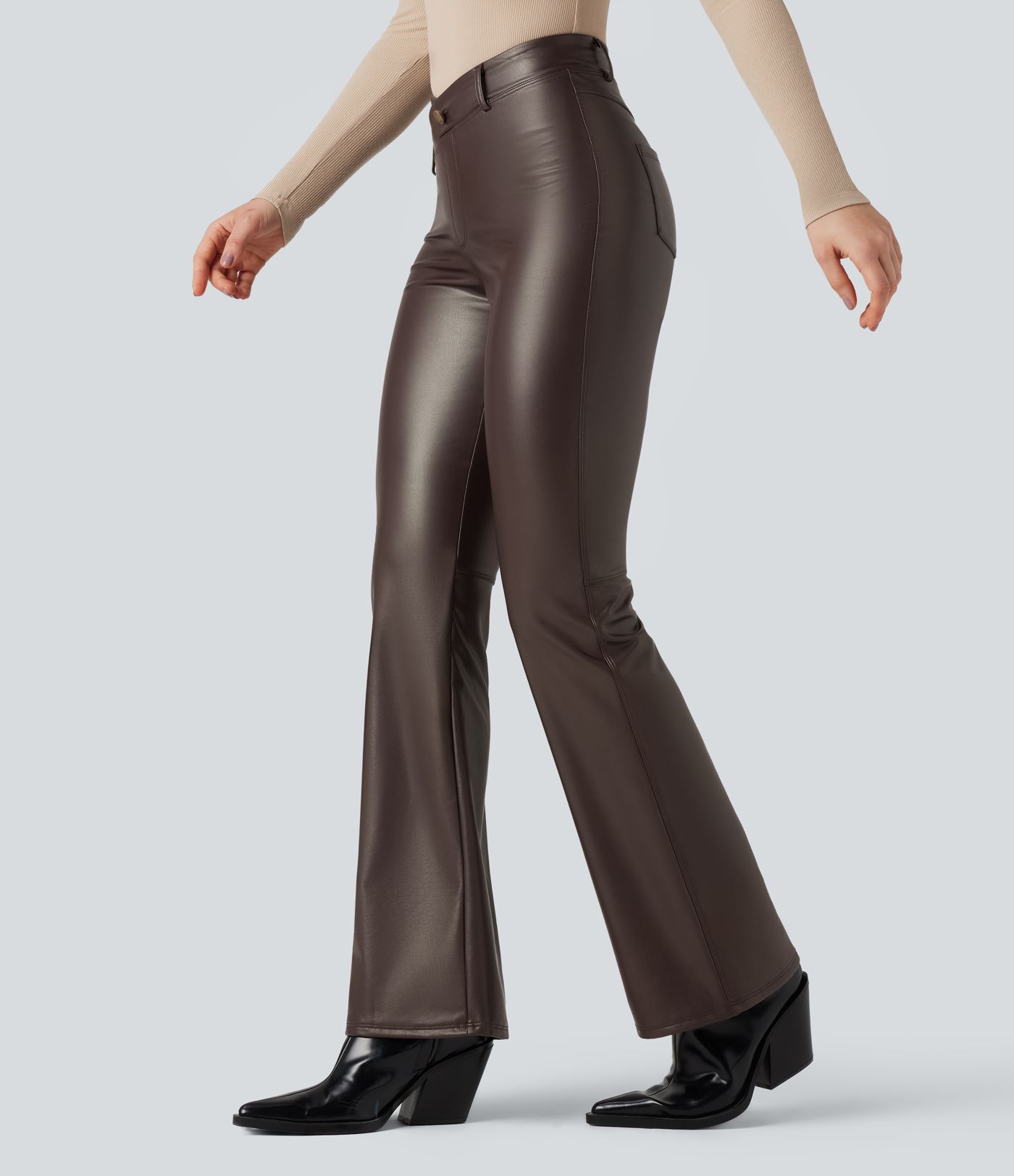 Asymmetric High Waisted Tummy Control Stretchy PU Fleece Casual Flare Pants with Pockets