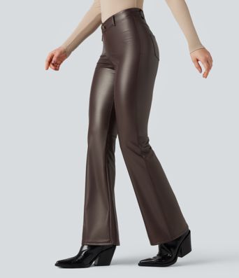 Asymmetric High Waisted Tummy Control Stretchy PU Fleece Casual Flare Pants with Pockets