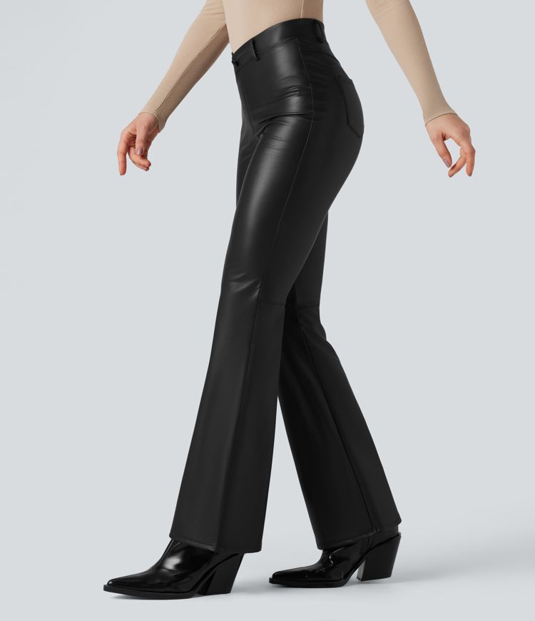 Asymmetric High Waisted Tummy Control Stretchy PU Fleece Casual Flare Pants with Pockets