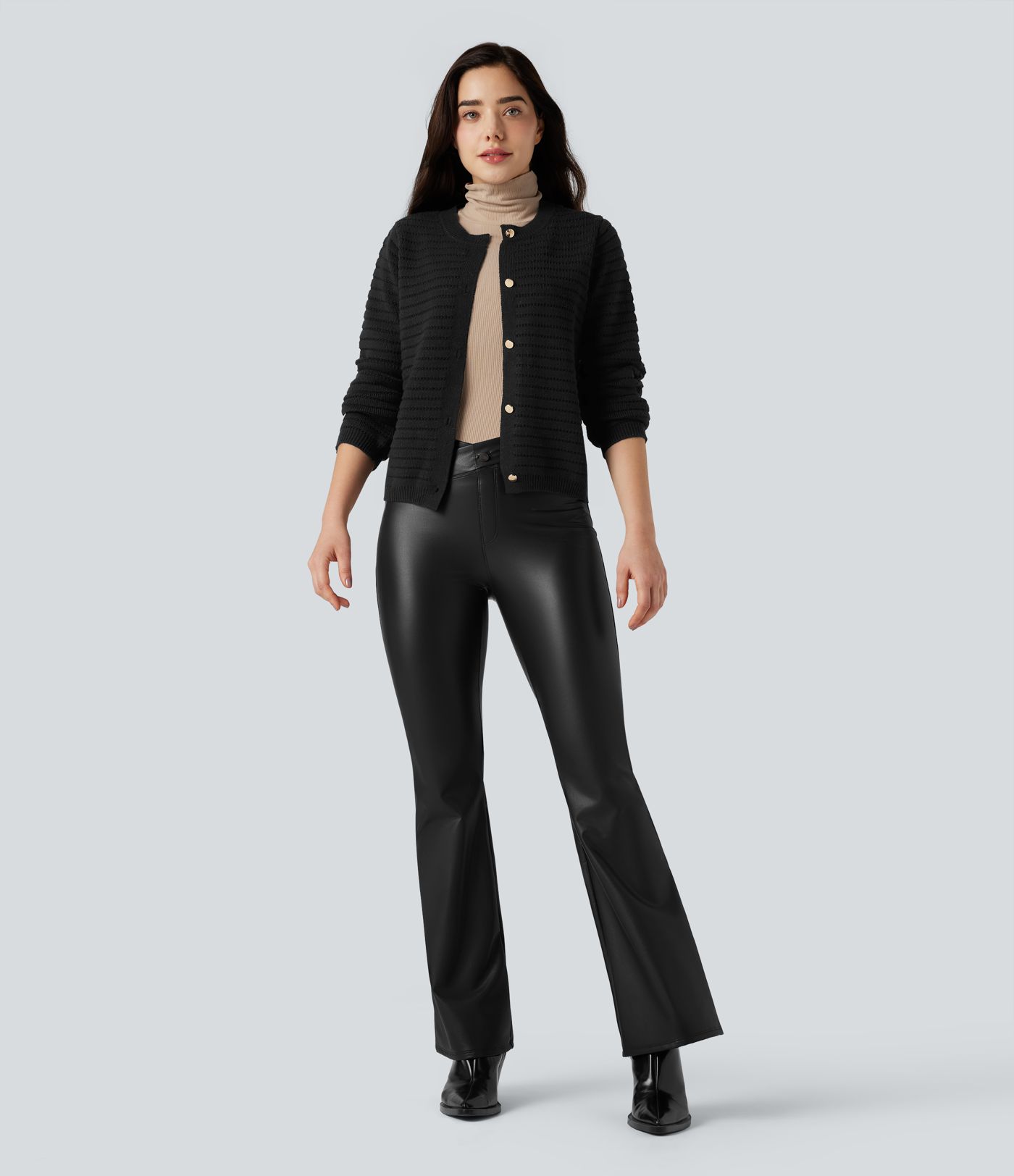 Asymmetric High Waisted Tummy Control Stretchy PU Fleece Casual Flare Pants with Pockets