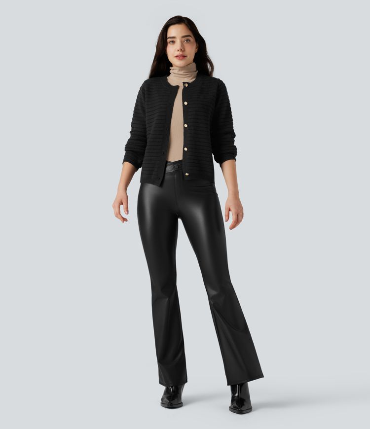 Asymmetric High Waisted Tummy Control Stretchy PU Fleece Casual Flare Pants with Pockets