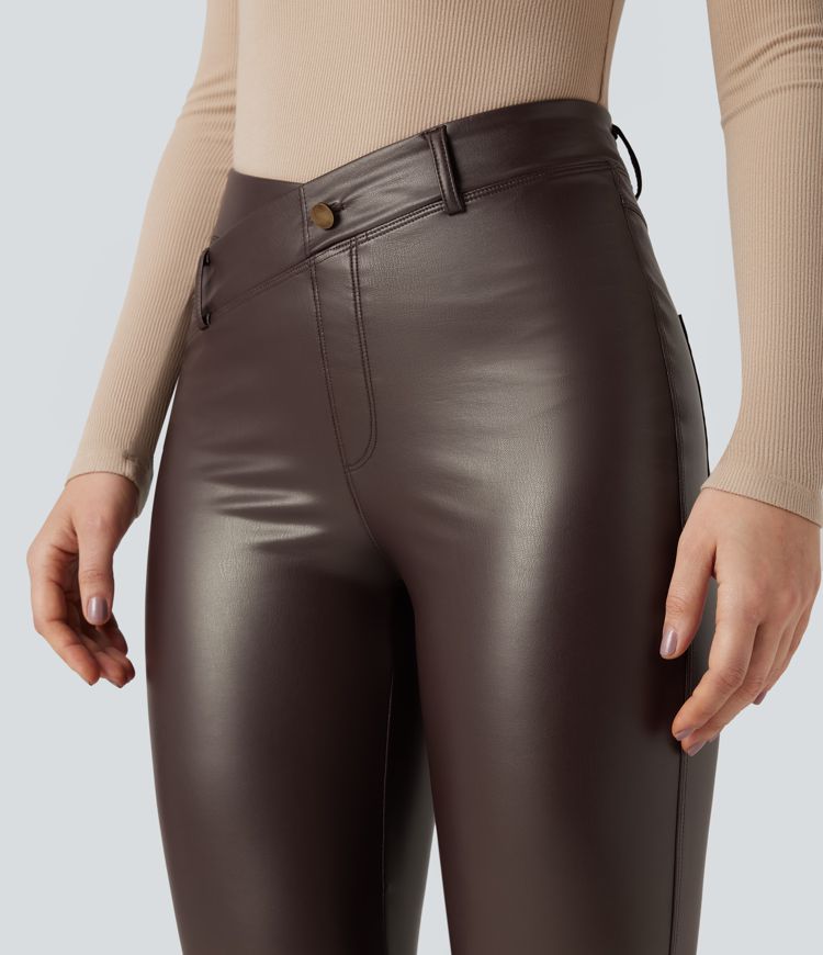 Asymmetric High Waisted Tummy Control Stretchy PU Fleece Casual Flare Pants with Pockets