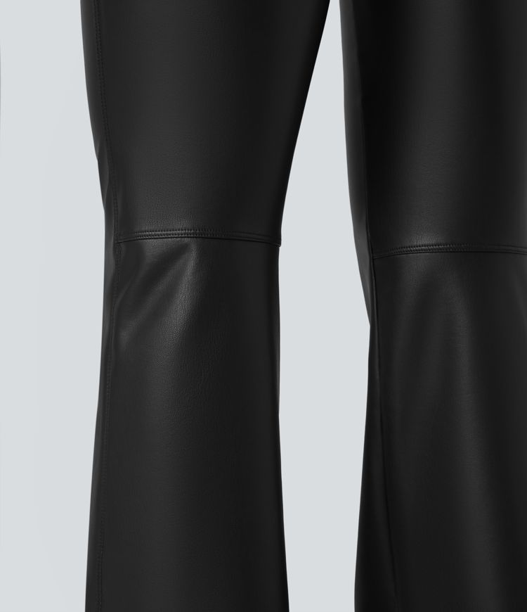 Asymmetric High Waisted Tummy Control Stretchy PU Fleece Casual Flare Pants with Pockets