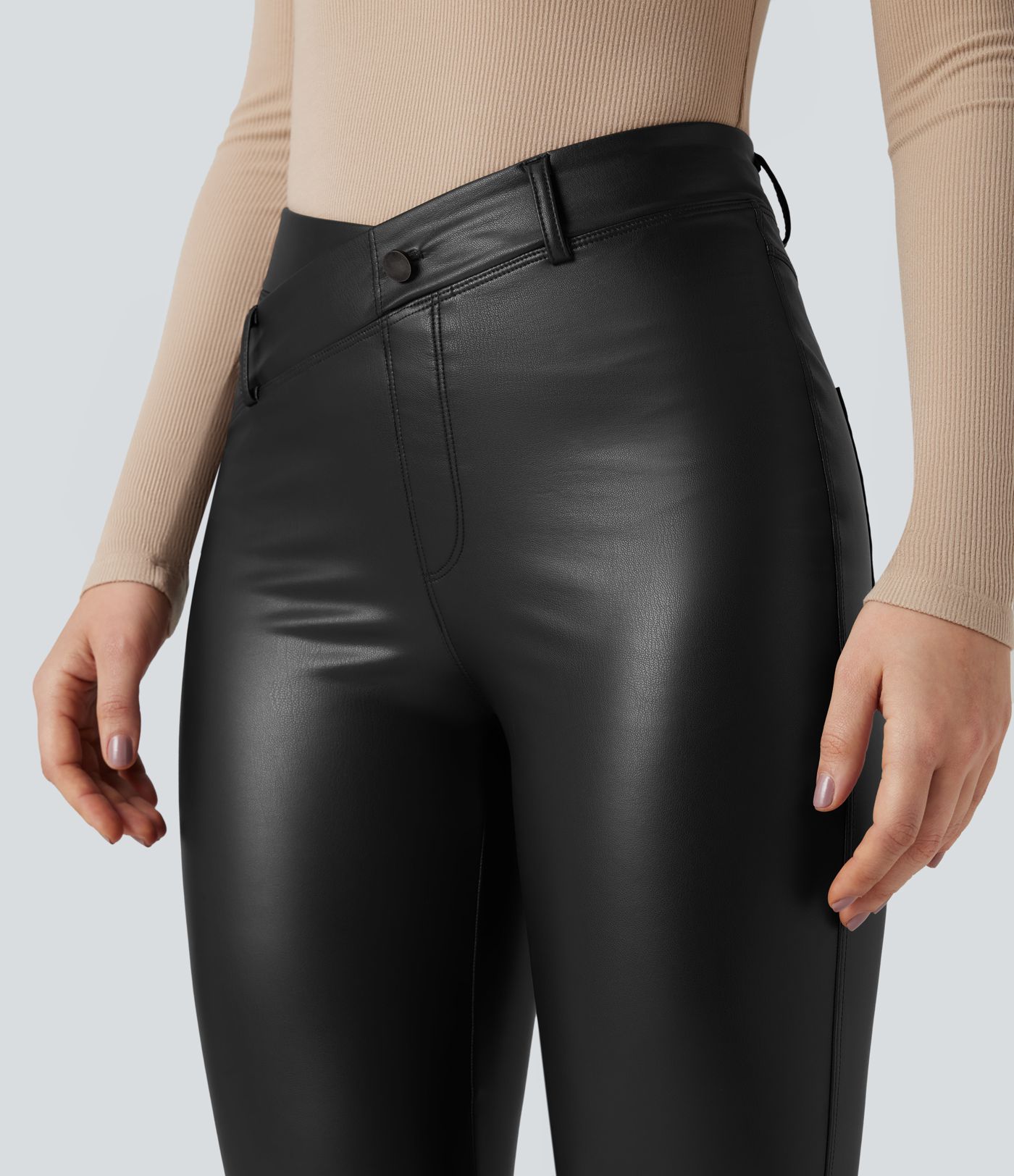 Asymmetric High Waisted Tummy Control Stretchy PU Fleece Casual Flare Pants with Pockets