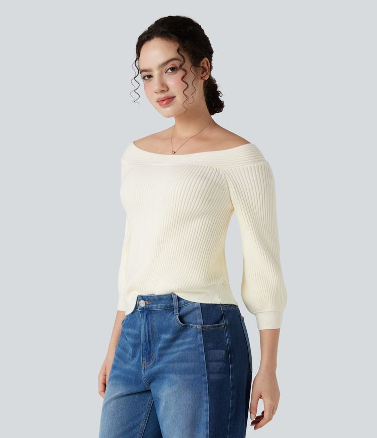 Off Shoulder Puff Sleeve Casual Sweater