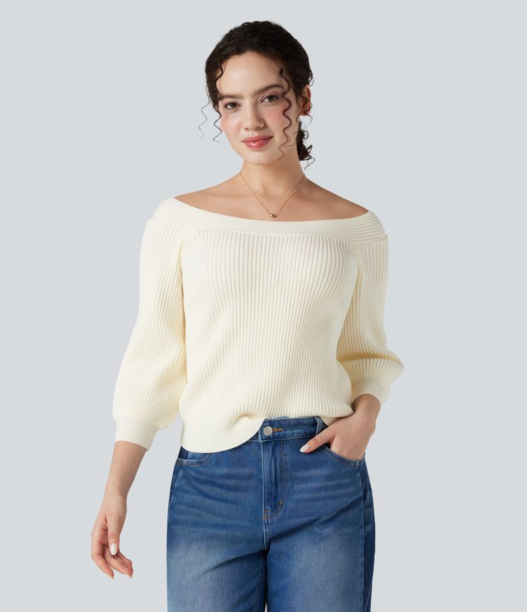 Off Shoulder Puff Sleeve Casual Sweater