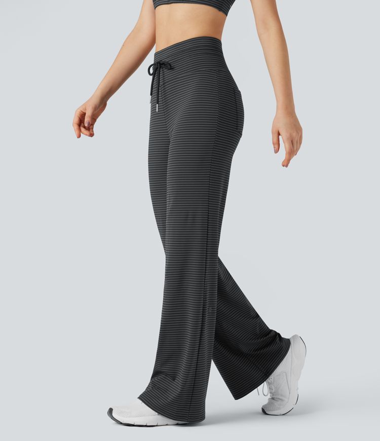 High-waisted Drawstring Stripe Yoga Straight-leg Pants with Pockets