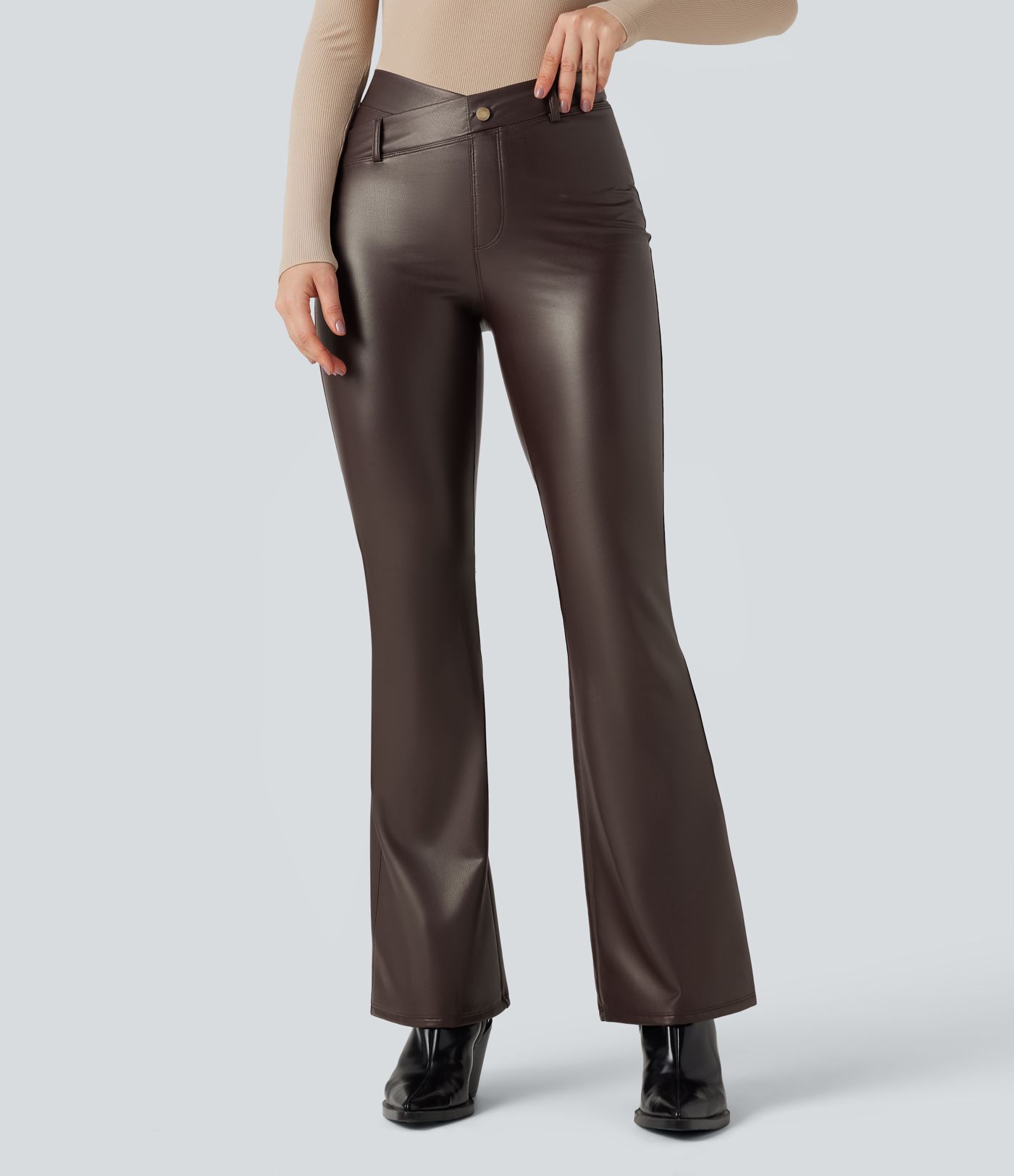 Asymmetric High Waisted Tummy Control Stretchy PU Fleece Casual Flare Pants with Pockets